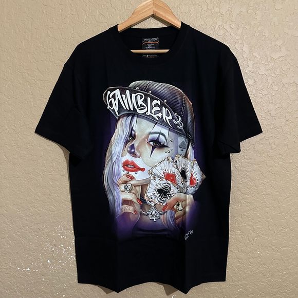 Gangster Joker Girl Card Hip Hop Money Mega Print T-Shirt L Black Rock Chang 3D - Picture 1 of 5